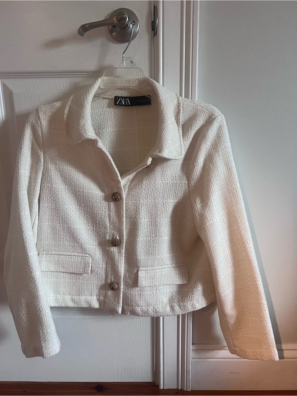 Zara Cream Textured Cropped Blazer with Decorative Buttons
